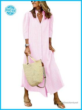 3/4 Sleeve Striped Maxi Shirt Dress Button Down Ruffle Beach Dress Cotton